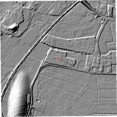 Shaded relief map of the ground around LA33QU, computed from Environment Agency LiDAR. The ground here sits at about 6 m above sea level and falls 10 m across the surrounding 800 m. Surface water reaching this point runs off ground lying to the south-west, 1.0 m higher.