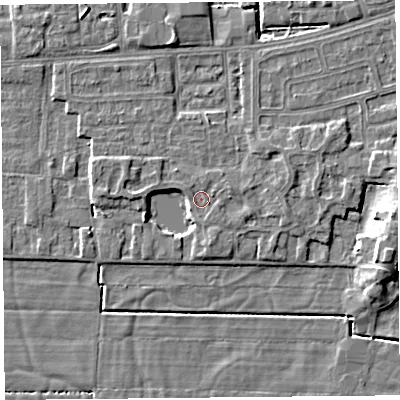 Shaded relief map of the ground around LA33RE, computed from Environment Agency LiDAR. The ground here sits at about 6 m above sea level and falls 7 m across the surrounding 800 m. Surface water reaching this point runs off ground lying to the east-south-east, 0.8 m higher.