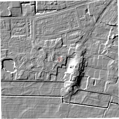 Shaded relief map of the ground around LA33RL, computed from Environment Agency LiDAR. The ground here sits at about 6 m above sea level and falls 7 m across the surrounding 800 m. Surface water reaching this point runs off ground lying to the east-north-east, 1.1 m higher.