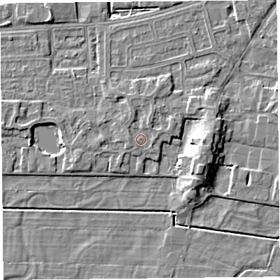 Shaded relief map of the ground around LA33RN, computed from Environment Agency LiDAR. The ground here sits at about 6 m above sea level and falls 7 m across the surrounding 800 m. Surface water reaching this point runs off ground lying to the north-north-east, 1.0 m higher.