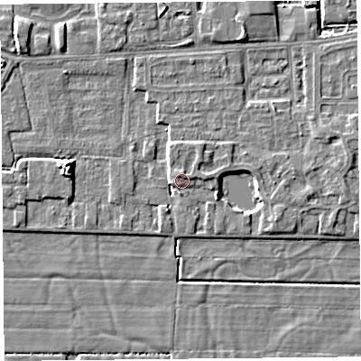 Shaded relief map of the ground around LA33RP, computed from Environment Agency LiDAR. The ground here sits at about 6 m above sea level and falls 5 m across the surrounding 800 m. Surface water reaching this point runs off ground lying to the north-west, 2.8 m higher.