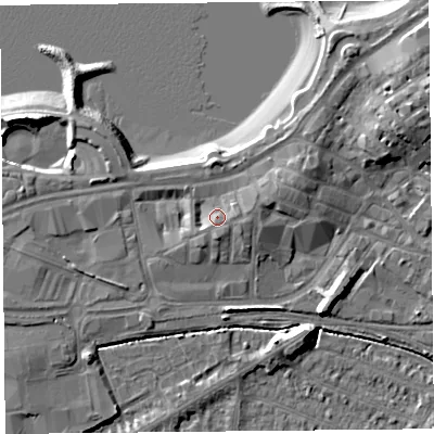 Shaded relief map of the ground around LA44AE, computed from Environment Agency LiDAR. The ground here sits at about 8 m above sea level and falls 10 m across the surrounding 800 m. Surface water reaching this point runs off ground lying to the south-south-east, 2.3 m higher.