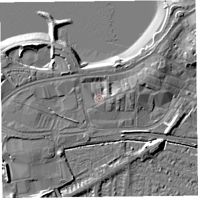 Shaded relief map of the ground around LA44AF, computed from Environment Agency LiDAR. The ground here sits at about 7 m above sea level and falls 12 m across the surrounding 800 m. Surface water reaching this point runs off ground lying to the east, 2.2 m higher.