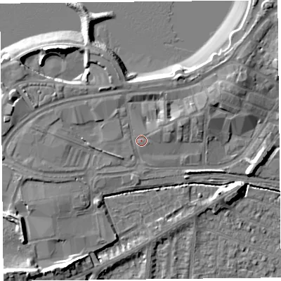 Shaded relief map of the ground around LA44AL, computed from Environment Agency LiDAR. The ground here sits at about 7 m above sea level and falls 14 m across the surrounding 800 m. Surface water reaching this point runs off ground lying to the east-north-east, 4.3 m higher.