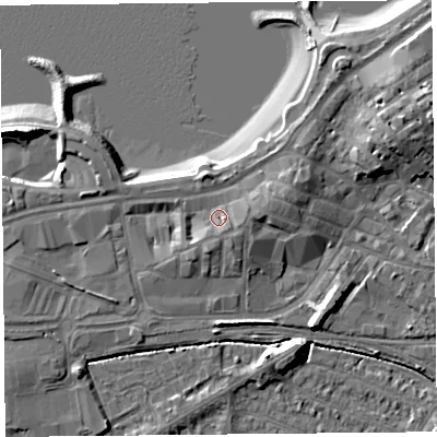 Shaded relief map of the ground around LA44AN, computed from Environment Agency LiDAR. The ground here sits at about 8 m above sea level and falls 10 m across the surrounding 800 m. Surface water reaching this point runs off ground lying to the east, 2.4 m higher.