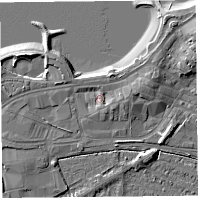 Shaded relief map of the ground around LA44AR, computed from Environment Agency LiDAR. The ground here sits at about 7 m above sea level and falls 10 m across the surrounding 800 m. Surface water reaching this point runs off ground lying to the east-south-east, 2.3 m higher.
