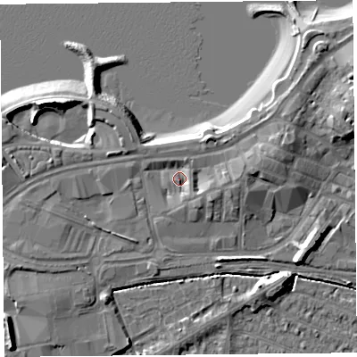Shaded relief map of the ground around LA44AS, computed from Environment Agency LiDAR. The ground here sits at about 6 m above sea level and falls 11 m across the surrounding 800 m. Surface water reaching this point runs off ground lying to the east-north-east, 4.3 m higher.