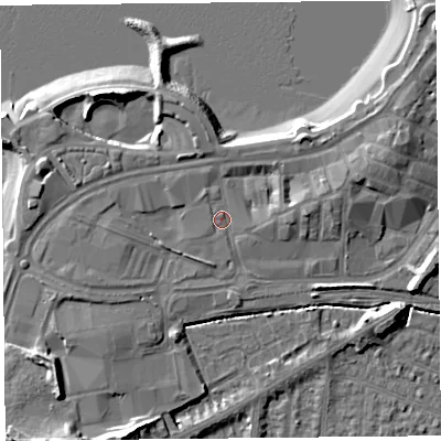 Shaded relief map of the ground around LA44AU, computed from Environment Agency LiDAR. The ground here sits at about 6 m above sea level and falls 13 m across the surrounding 800 m. Surface water reaching this point runs off ground lying to the east-north-east, 4.3 m higher.