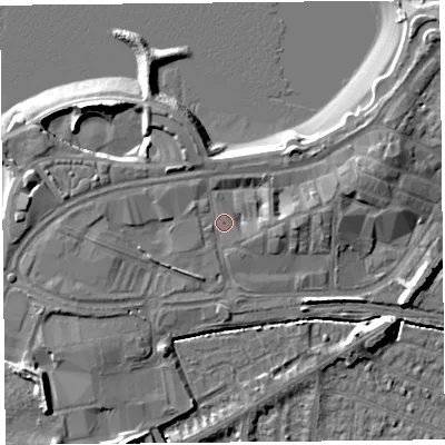 Shaded relief map of the ground around LA44AY, computed from Environment Agency LiDAR. The ground here sits at about 7 m above sea level and falls 11 m across the surrounding 800 m. Surface water reaching this point runs off ground lying to the east-north-east, 4.3 m higher.