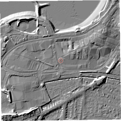 Shaded relief map of the ground around LA44BA, computed from Environment Agency LiDAR. The ground here sits at about 7 m above sea level and falls 14 m across the surrounding 800 m. Surface water reaching this point runs off ground lying to the east-north-east, 4.3 m higher.