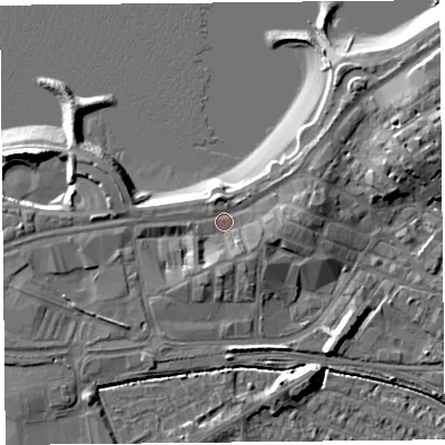Shaded relief map of the ground around LA44BB, computed from Environment Agency LiDAR. The ground here sits at about 8 m above sea level and falls 10 m across the surrounding 800 m. Surface water reaching this point runs off ground lying to the east, 2.6 m higher.