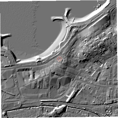 Shaded relief map of the ground around LA44BE, computed from Environment Agency LiDAR. The ground here sits at about 8 m above sea level and falls 10 m across the surrounding 800 m. Surface water reaching this point runs off ground lying to the south-east, 2.0 m higher.