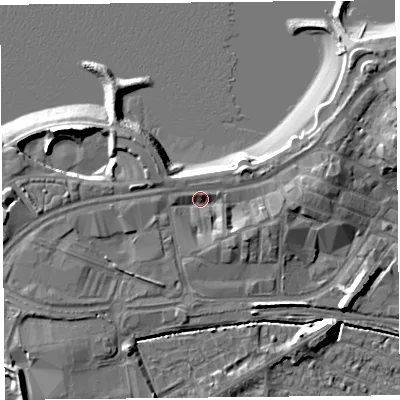 Shaded relief map of the ground around LA44BQ, computed from Environment Agency LiDAR. The ground here sits at about 7 m above sea level and falls 11 m across the surrounding 800 m. Surface water reaching this point runs off ground lying to the east, 4.3 m higher.