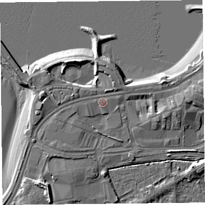 Shaded relief map of the ground around LA44BU, computed from Environment Agency LiDAR. The ground here sits at about 7 m above sea level and falls 11 m across the surrounding 800 m. Surface water reaching this point runs off ground lying to the south-south-west, 9.1 m higher.