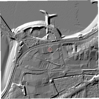 Shaded relief map of the ground around LA44BX, computed from Environment Agency LiDAR. The ground here sits at about 7 m above sea level and falls 11 m across the surrounding 800 m. Surface water reaching this point runs off ground lying to the south-south-west, 9.1 m higher.