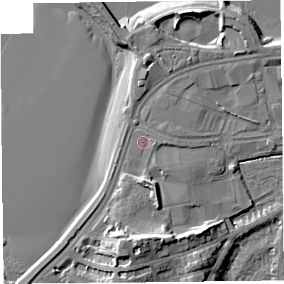 Shaded relief map of the ground around LA44DB, computed from Environment Agency LiDAR. The ground here sits at about 8 m above sea level and falls 14 m across the surrounding 800 m. Surface water reaching this point runs off ground lying to the east-south-east, 1.2 m higher.