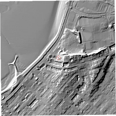 Shaded relief map of the ground around LA44DH, computed from Environment Agency LiDAR. The ground here sits at about 9 m above sea level and falls 14 m across the surrounding 800 m. Surface water reaching this point runs off ground lying to the east, 7.7 m higher.