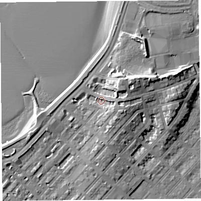 Shaded relief map of the ground around LA44DJ, computed from Environment Agency LiDAR. The ground here sits at about 8 m above sea level and falls 14 m across the surrounding 800 m. Surface water reaching this point runs off ground lying to the east, 5.5 m higher.