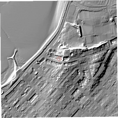 Shaded relief map of the ground around LA44DL, computed from Environment Agency LiDAR. The ground here sits at about 9 m above sea level and falls 13 m across the surrounding 800 m. Surface water reaching this point runs off ground lying to the north-east, 6.9 m higher.