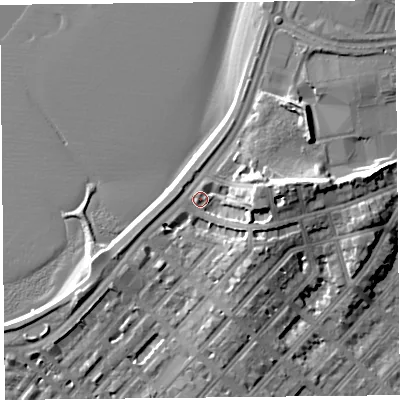 Shaded relief map of the ground around LA44DQ, computed from Environment Agency LiDAR. The ground here sits at about 7 m above sea level and falls 14 m across the surrounding 800 m. Surface water reaching this point runs off ground lying to the east, 8.3 m higher.