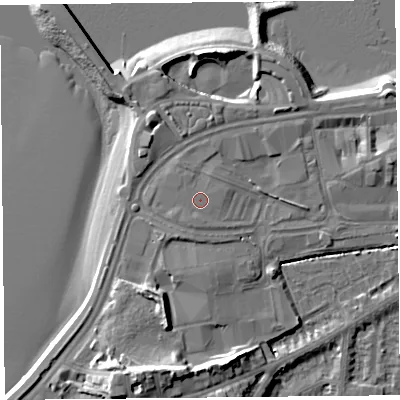 Shaded relief map of the ground around LA44DW, computed from Environment Agency LiDAR. The ground here sits at about 8 m above sea level and falls 14 m across the surrounding 800 m. Surface water reaching this point runs off ground lying to the south-south-west, 0.8 m higher.