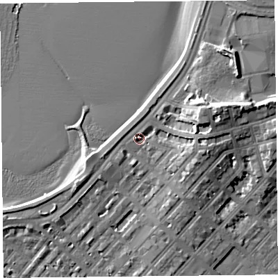 Shaded relief map of the ground around LA44EP, computed from Environment Agency LiDAR. The ground here sits at about 7 m above sea level and falls 14 m across the surrounding 800 m. Surface water reaching this point runs off ground lying to the east-north-east, 9.6 m higher.