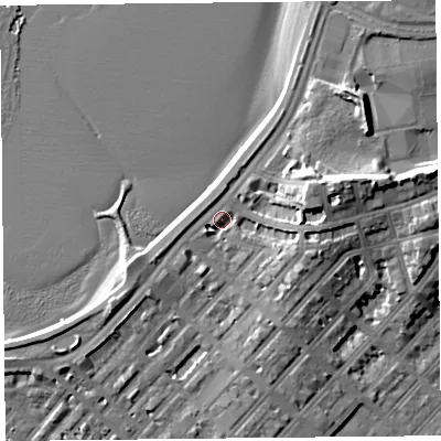 Shaded relief map of the ground around LA44ER, computed from Environment Agency LiDAR. The ground here sits at about 7 m above sea level and falls 14 m across the surrounding 800 m. Surface water reaching this point runs off ground lying to the east-north-east, 9.2 m higher.