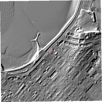 Shaded relief map of the ground around LA44ET, computed from Environment Agency LiDAR. The ground here sits at about 8 m above sea level and falls 14 m across the surrounding 800 m. Surface water reaching this point runs off ground lying to the west, 1.6 m higher.