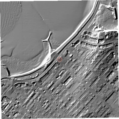 Shaded relief map of the ground around LA44EU, computed from Environment Agency LiDAR. The ground here sits at about 8 m above sea level and falls 13 m across the surrounding 800 m. Surface water reaching this point runs off ground lying to the west-north-west, 0.7 m higher.