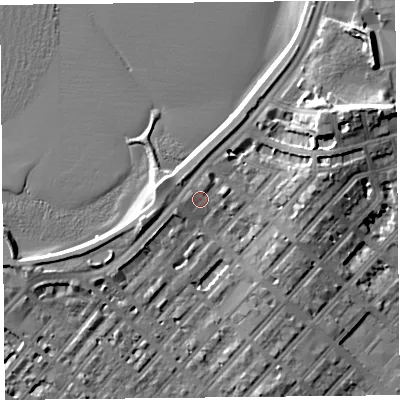 Shaded relief map of the ground around LA44EY, computed from Environment Agency LiDAR. The ground here sits at about 7 m above sea level and falls 13 m across the surrounding 800 m. Surface water reaching this point runs off ground lying to the west-north-west, 1.1 m higher.
