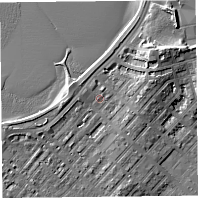Shaded relief map of the ground around LA44EZ, computed from Environment Agency LiDAR. The ground here sits at about 7 m above sea level and falls 13 m across the surrounding 800 m. Surface water reaching this point runs off ground lying to the north-east, 10.2 m higher.