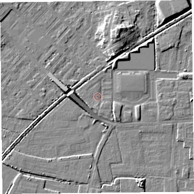 Shaded relief map of the ground around LA44FG, computed from Environment Agency LiDAR. The ground here sits at about 5 m above sea level and falls 9 m across the surrounding 800 m. Surface water reaching this point runs off ground lying to the west, 6.9 m higher.