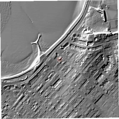 Shaded relief map of the ground around LA44HA, computed from Environment Agency LiDAR. The ground here sits at about 8 m above sea level and falls 13 m across the surrounding 800 m. Surface water reaching this point runs off ground lying to the north-east, 10.2 m higher.