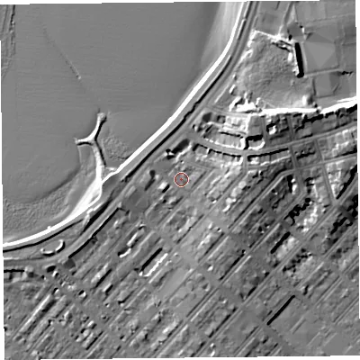 Shaded relief map of the ground around LA44HB, computed from Environment Agency LiDAR. The ground here sits at about 7 m above sea level and falls 14 m across the surrounding 800 m. Surface water reaching this point runs off ground lying to the east, 1.0 m higher.