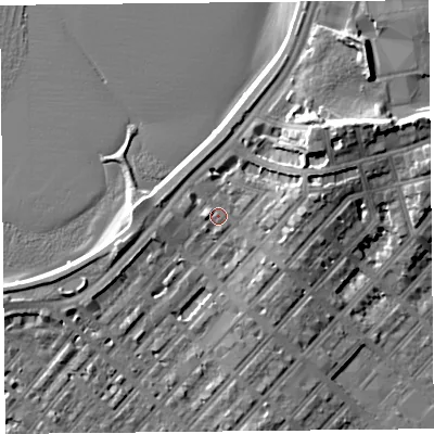 Shaded relief map of the ground around LA44HD, computed from Environment Agency LiDAR. The ground here sits at about 7 m above sea level and falls 13 m across the surrounding 800 m. Surface water reaching this point runs off ground lying to the north-east, 10.2 m higher.
