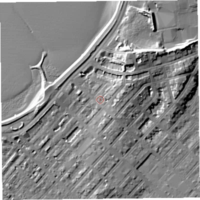 Shaded relief map of the ground around LA44HF, computed from Environment Agency LiDAR. The ground here sits at about 8 m above sea level and falls 13 m across the surrounding 800 m. Surface water reaching this point runs off ground lying to the east-north-east, 5.0 m higher.