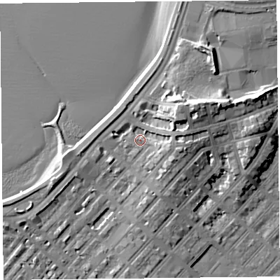 Shaded relief map of the ground around LA44HH, computed from Environment Agency LiDAR. The ground here sits at about 8 m above sea level and falls 14 m across the surrounding 800 m. Surface water reaching this point runs off ground lying to the east, 5.9 m higher.