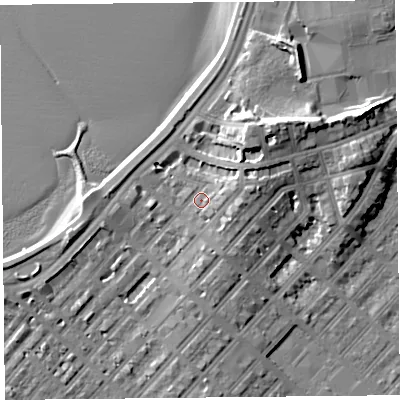 Shaded relief map of the ground around LA44HJ, computed from Environment Agency LiDAR. The ground here sits at about 8 m above sea level and falls 13 m across the surrounding 800 m. Surface water reaching this point runs off ground lying to the east, 4.3 m higher.