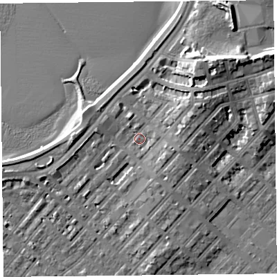Shaded relief map of the ground around LA44HL, computed from Environment Agency LiDAR. The ground here sits at about 7 m above sea level and falls 13 m across the surrounding 800 m. Surface water reaching this point runs off ground lying to the east-north-east, 6.1 m higher.