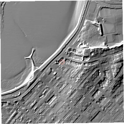 Shaded relief map of the ground around LA44HQ, computed from Environment Agency LiDAR. The ground here sits at about 7 m above sea level and falls 14 m across the surrounding 800 m. Surface water reaching this point runs off ground lying to the east-north-east, 9.2 m higher.