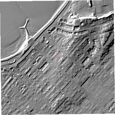 Shaded relief map of the ground around LA44HT, computed from Environment Agency LiDAR. The ground here sits at about 8 m above sea level and falls 13 m across the surrounding 800 m. Surface water reaching this point runs off ground lying to the north-east, 5.1 m higher.