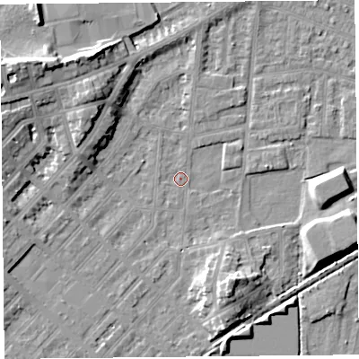 Shaded relief map of the ground around LA44NB, computed from Environment Agency LiDAR. The ground here sits at about 5 m above sea level and falls 13 m across the surrounding 800 m. Surface water reaching this point runs off ground lying to the north-west, 11.8 m higher.