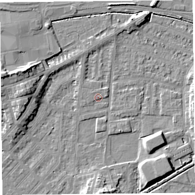 Shaded relief map of the ground around LA44NF, computed from Environment Agency LiDAR. The ground here sits at about 6 m above sea level and falls 12 m across the surrounding 800 m. Surface water reaching this point runs off ground lying to the east, 1.1 m higher.