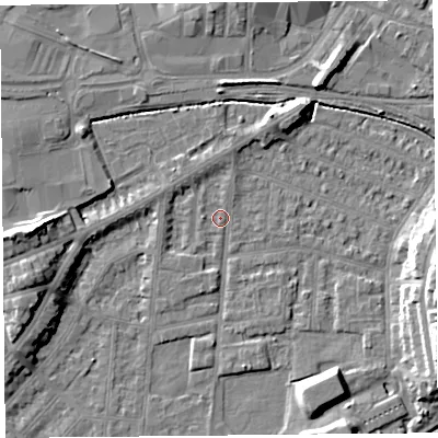 Shaded relief map of the ground around LA44NL, computed from Environment Agency LiDAR. The ground here sits at about 5 m above sea level and falls 11 m across the surrounding 800 m. Surface water reaching this point runs off ground lying to the west-north-west, 2.0 m higher.