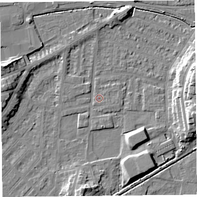 Shaded relief map of the ground around LA44NN, computed from Environment Agency LiDAR. The ground here sits at about 5 m above sea level and falls 13 m across the surrounding 800 m. Surface water reaching this point runs off ground lying to the east-north-east, 13.0 m higher.
