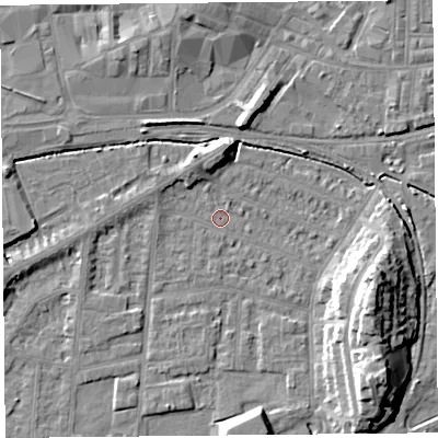 Shaded relief map of the ground around LA44NP, computed from Environment Agency LiDAR. The ground here sits at about 5 m above sea level and falls 13 m across the surrounding 800 m. Surface water reaching this point runs off ground lying to the north-north-west, 3.8 m higher.