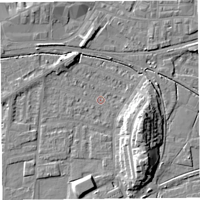 Shaded relief map of the ground around LA44NR, computed from Environment Agency LiDAR. The ground here sits at about 4 m above sea level and falls 13 m across the surrounding 800 m. Surface water reaching this point runs off ground lying to the east-south-east, 13.0 m higher.