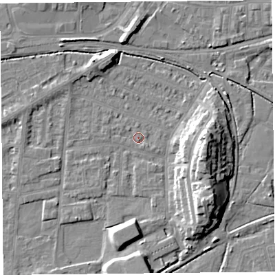 Shaded relief map of the ground around LA44NS, computed from Environment Agency LiDAR. The ground here sits at about 5 m above sea level and falls 13 m across the surrounding 800 m. Surface water reaching this point runs off ground lying to the east, 13.0 m higher.