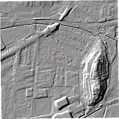 Shaded relief map of the ground around LA44NT, computed from Environment Agency LiDAR. The ground here sits at about 5 m above sea level and falls 13 m across the surrounding 800 m. Surface water reaching this point runs off ground lying to the east, 13.0 m higher.