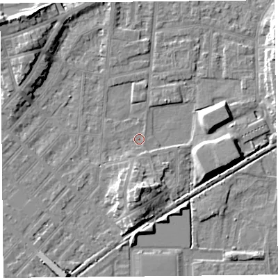 Shaded relief map of the ground around LA44NW, computed from Environment Agency LiDAR. The ground here sits at about 5 m above sea level and falls 12 m across the surrounding 800 m. Surface water reaching this point runs off ground lying to the south, 7.8 m higher.